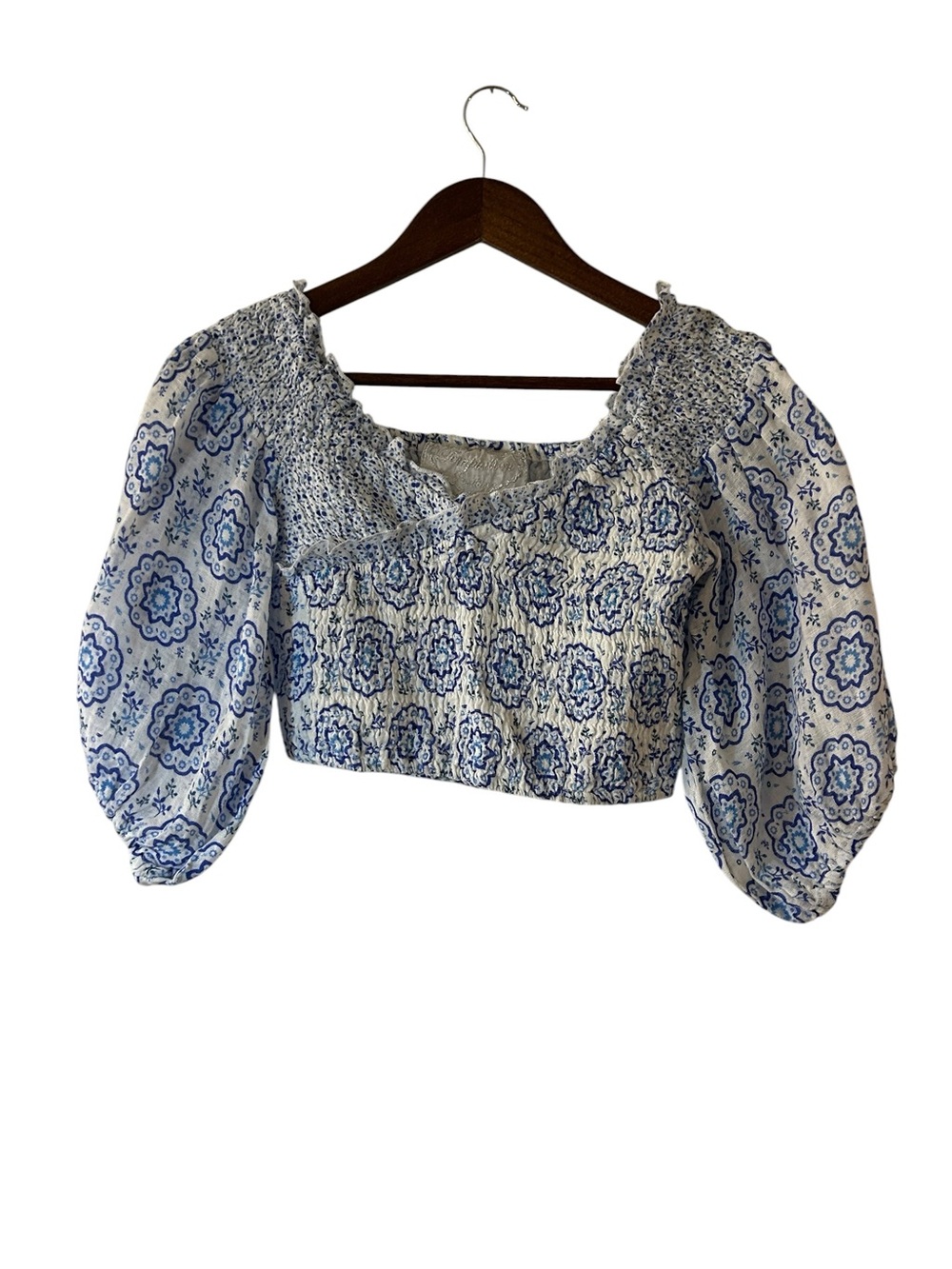 Temptation Positano Blue & White 100% Linen Smocked Puff Sleeve Crop Top Women’s - Picture 2 of 10